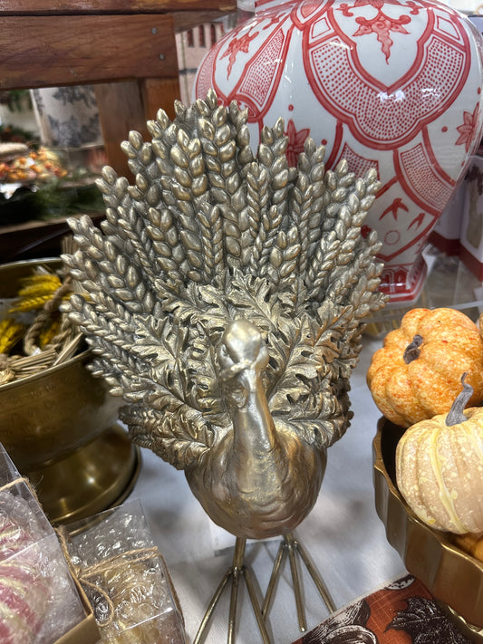 13" Silver/Gold Resin Feathered Turkey Decoration