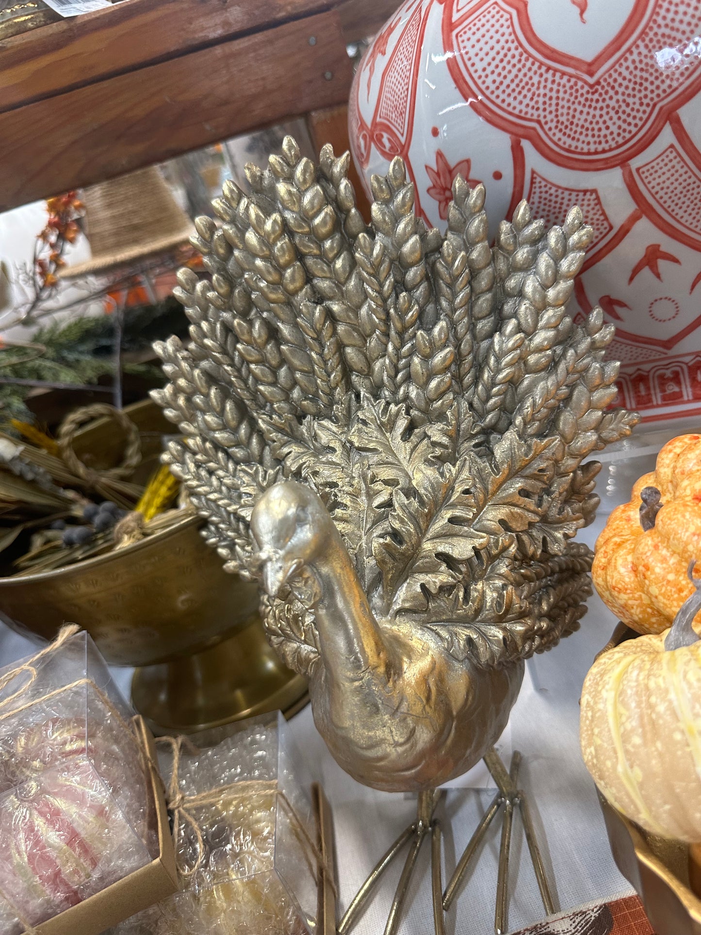 13" Silver/Gold Resin Feathered Turkey Decoration