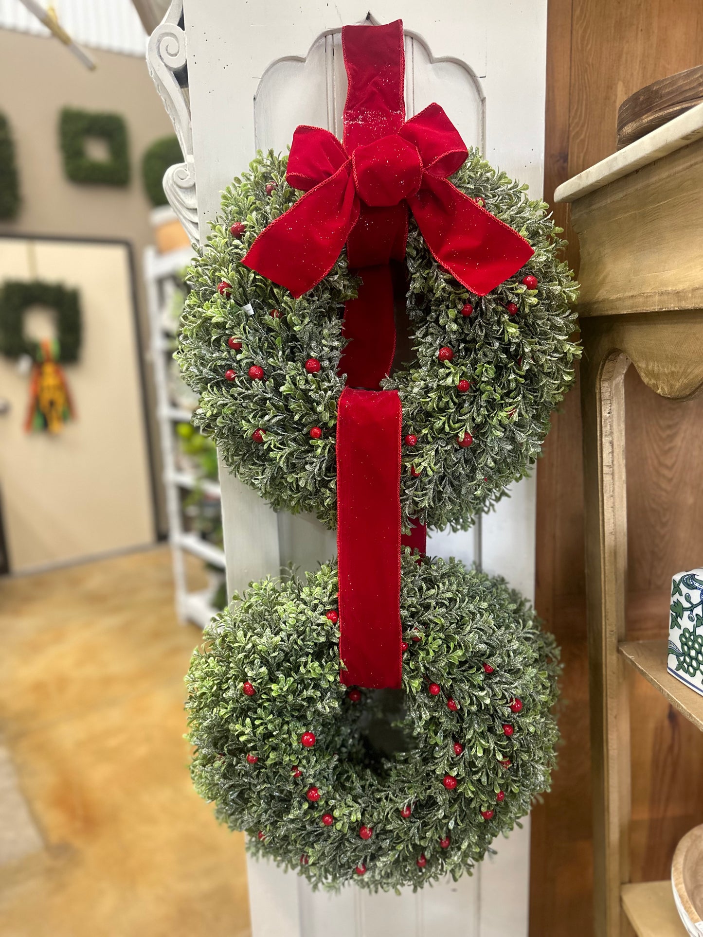 31" Frost Berry Boxwood Double Wreath w/ Red Bow