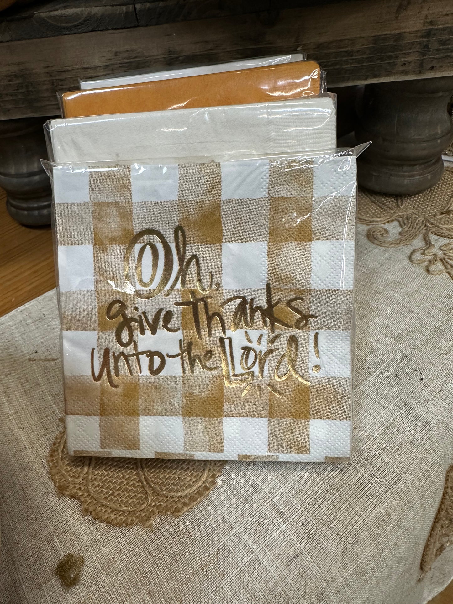 'Oh Give Thanks to the Lord' Gingham Cocktail Napkins