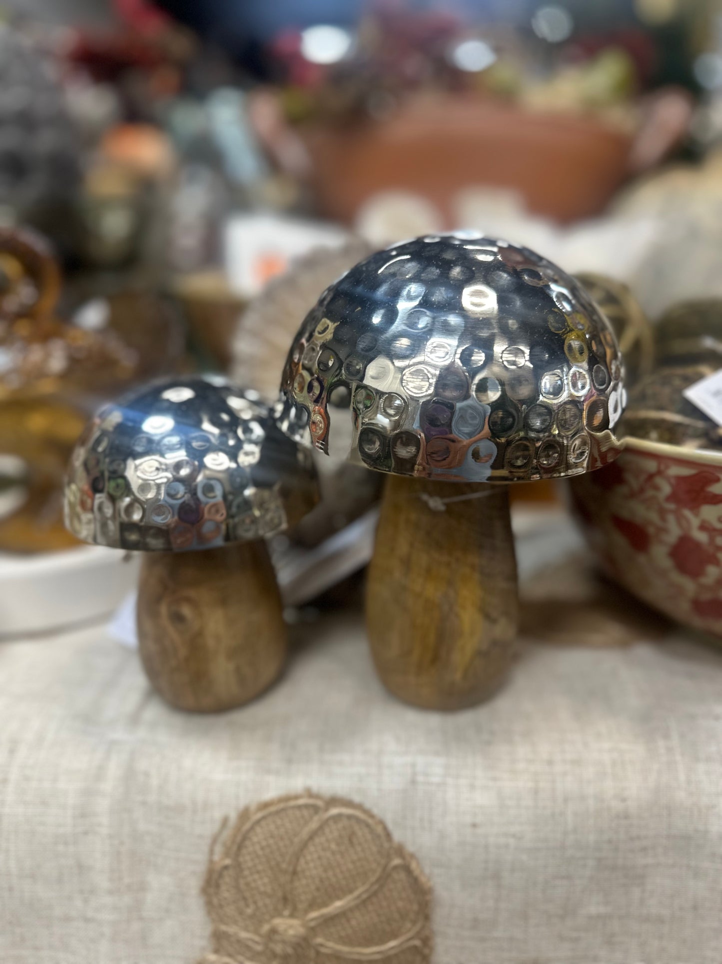 Set of 2 Metal & Wood Mushrooms