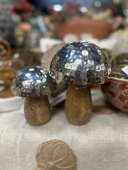 Set of 2 Metal & Wood Mushrooms