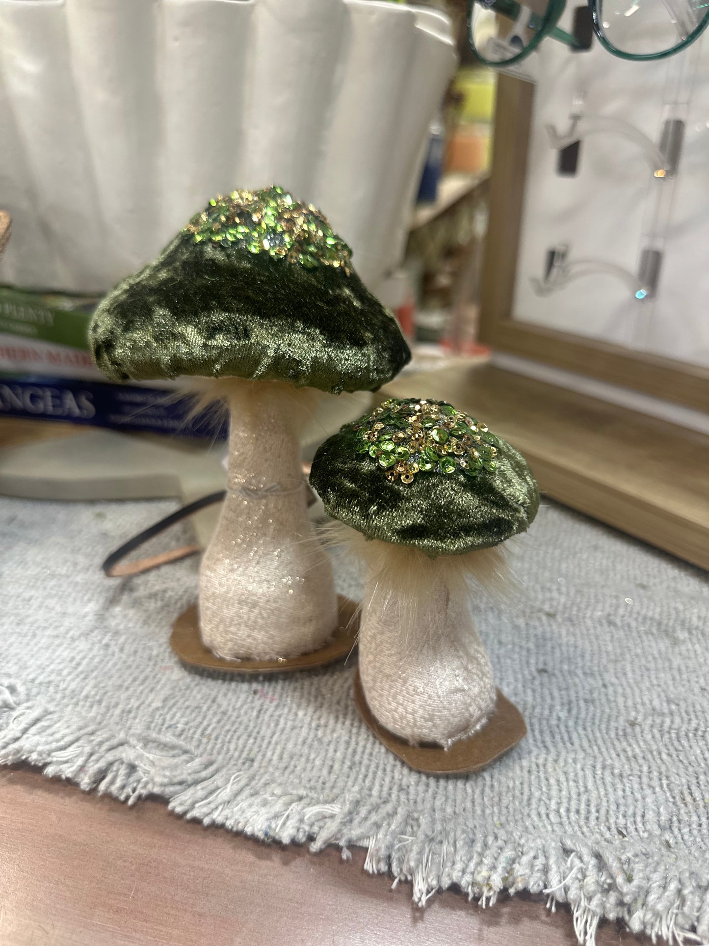 Green Velvet Jeweled Mushroom Set