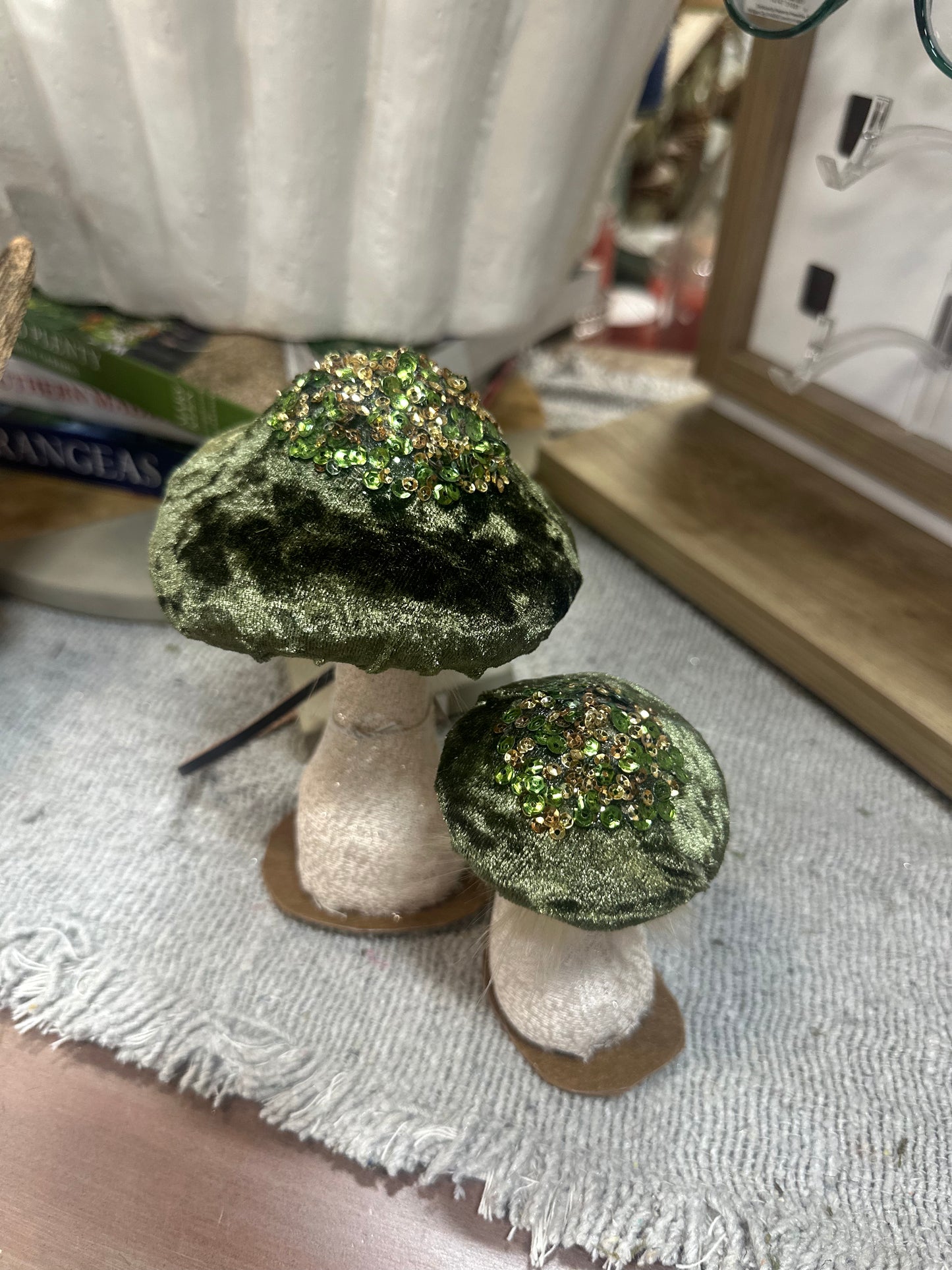 Green Velvet Jeweled Mushroom Set