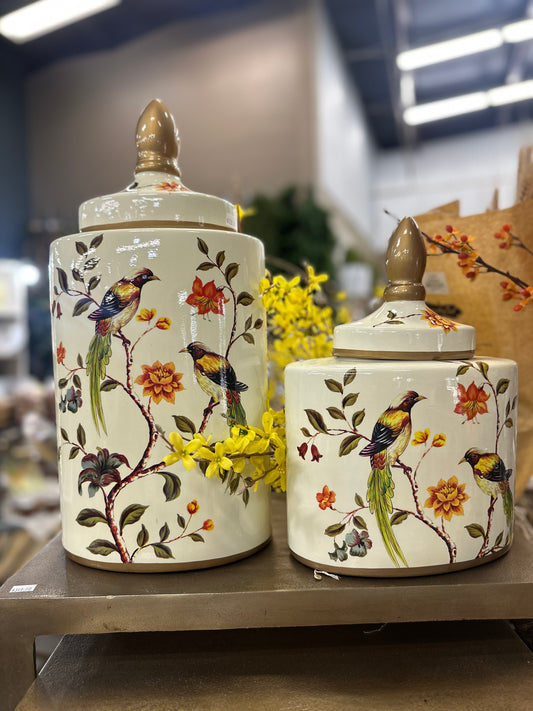 Bird and Flower Ginger Jar with Gold Lid