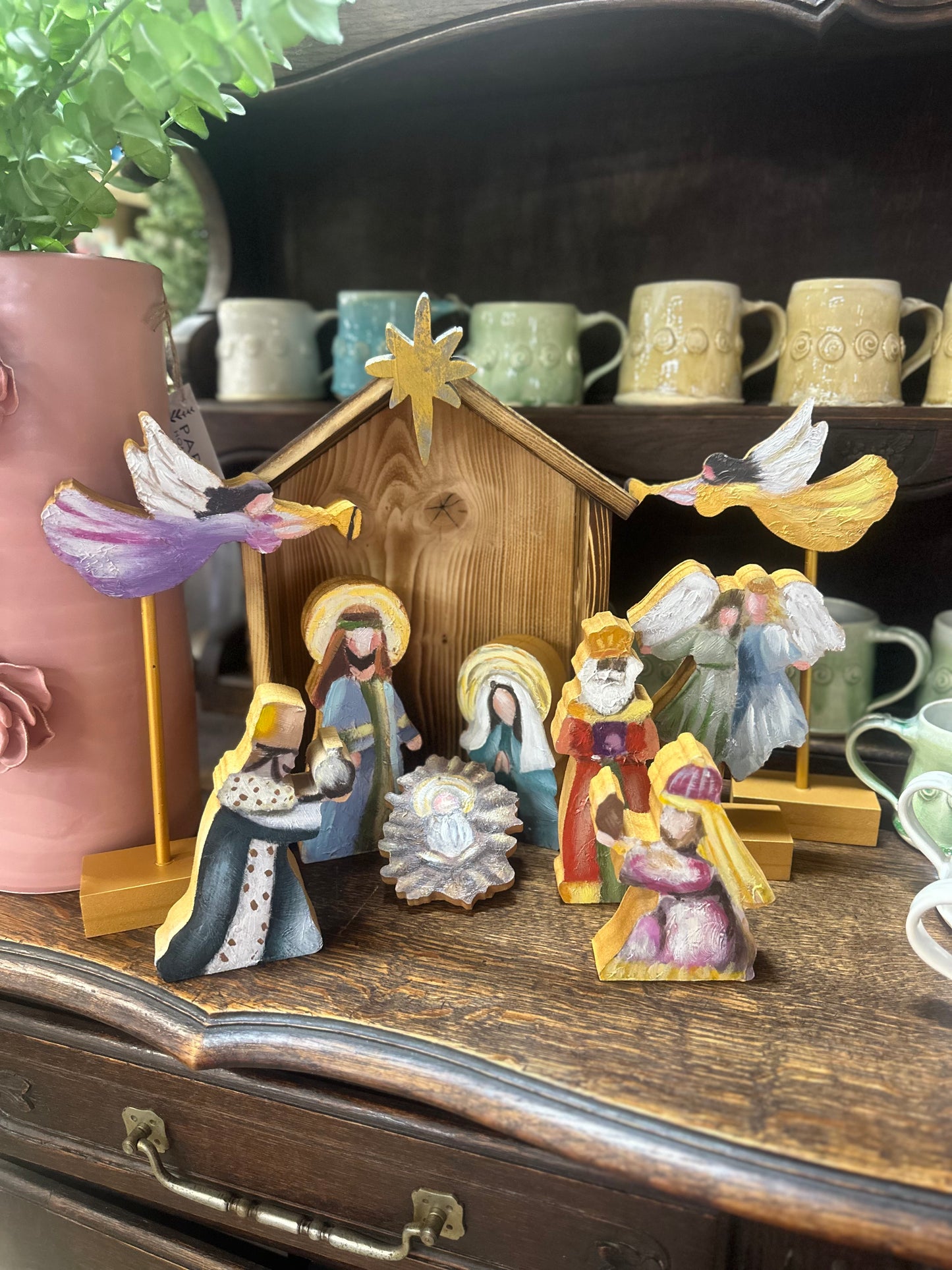 Hand-painted Wood Cutout Heralding Angels on Pedestal