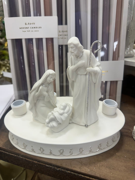 Oval Base White Holy Family Taper Holder