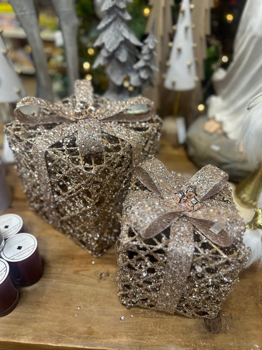 Glittery Bronze Present Decoration w/ Jingle Bells