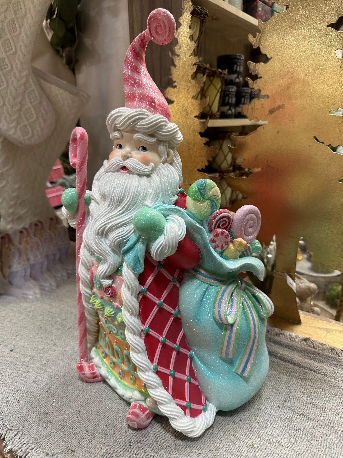 21" Resin Pastel Peppermint Candy Santa