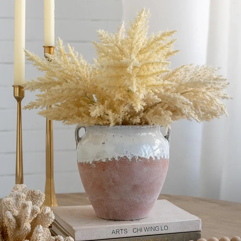 Round Terra Cotta Vase with Distressed White Tan