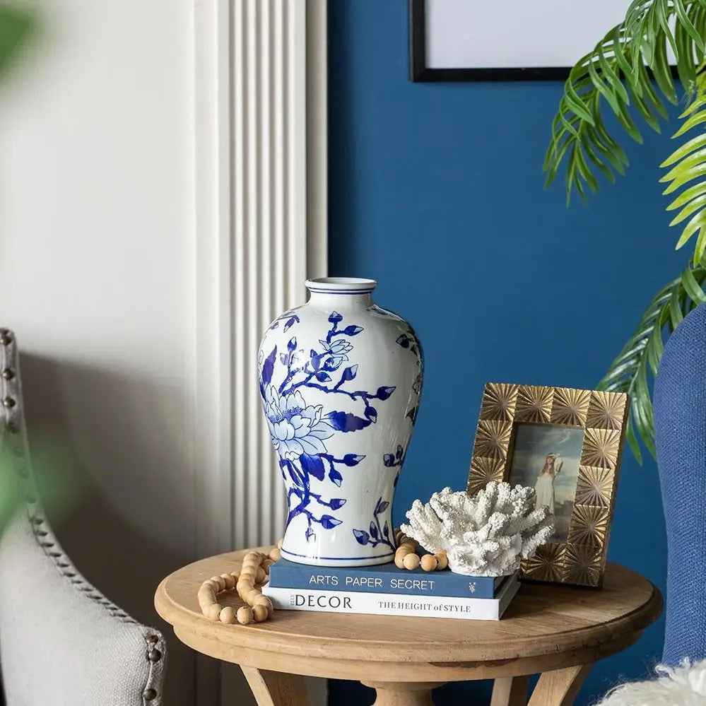 Blue and White Curved Porcelain Magnolia Vase