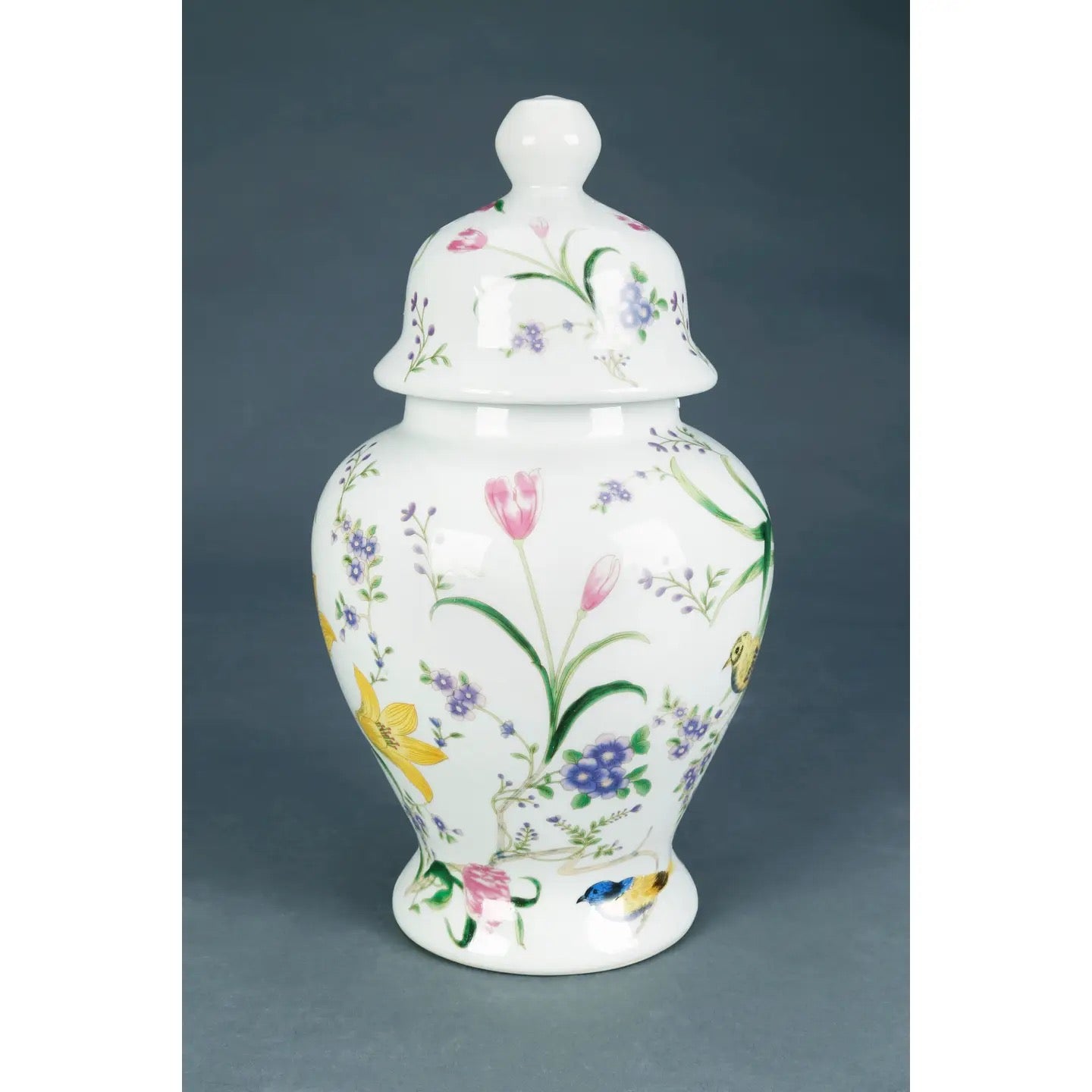 14" Birds & Flowers Ginger Jar W/ Lid