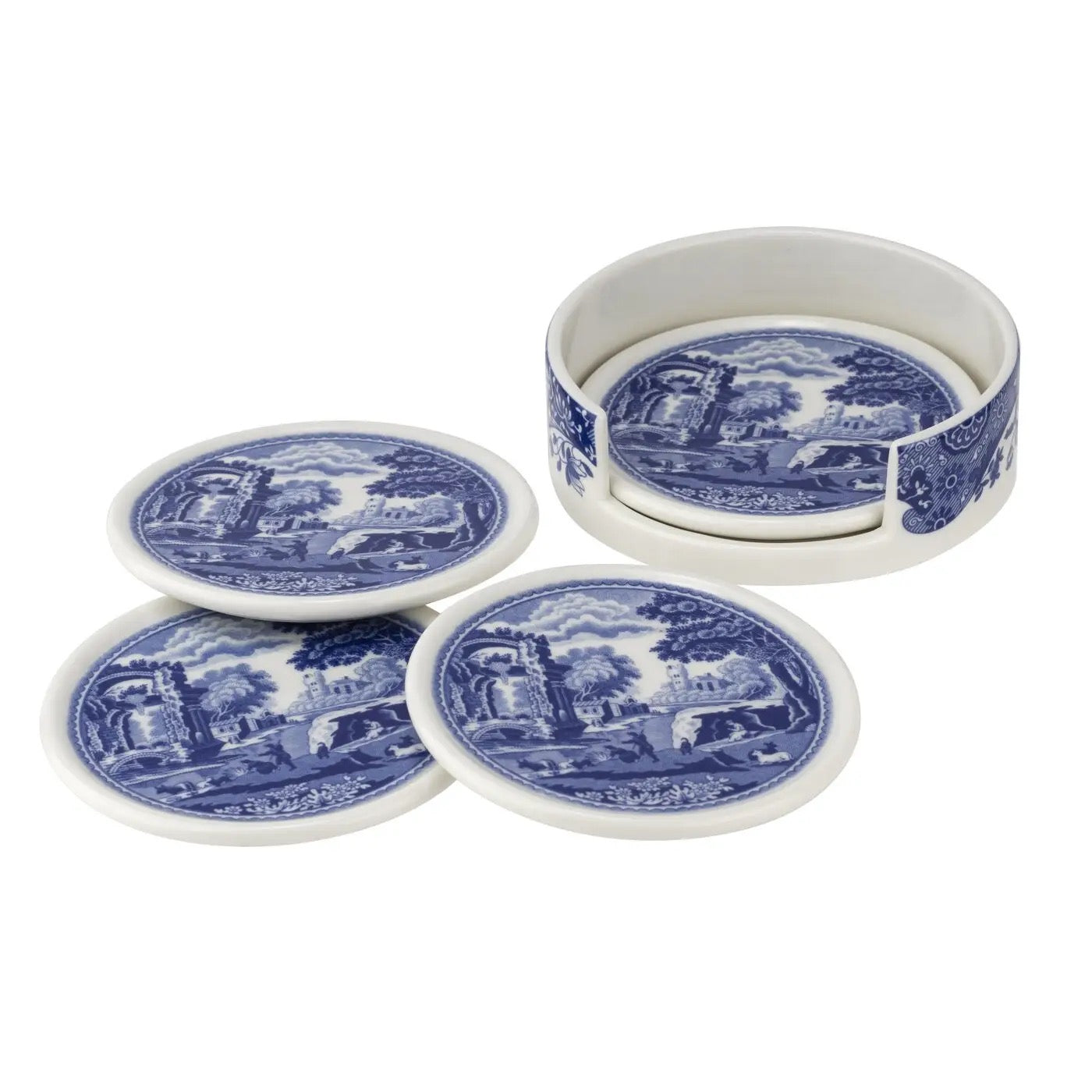 Blue Italian Ceramic Coasters w/ Holder