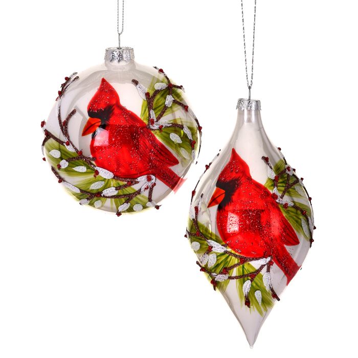 4-5.5” Glass Cardinal & Berry Ball Ornament – 2 Styles