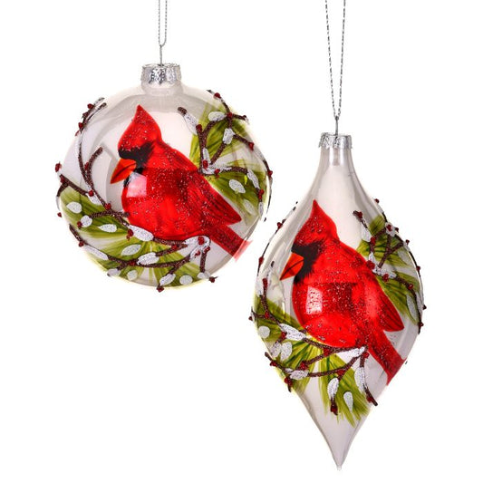 4-5.5” Glass Cardinal & Berry Ball Ornament – 2 Styles