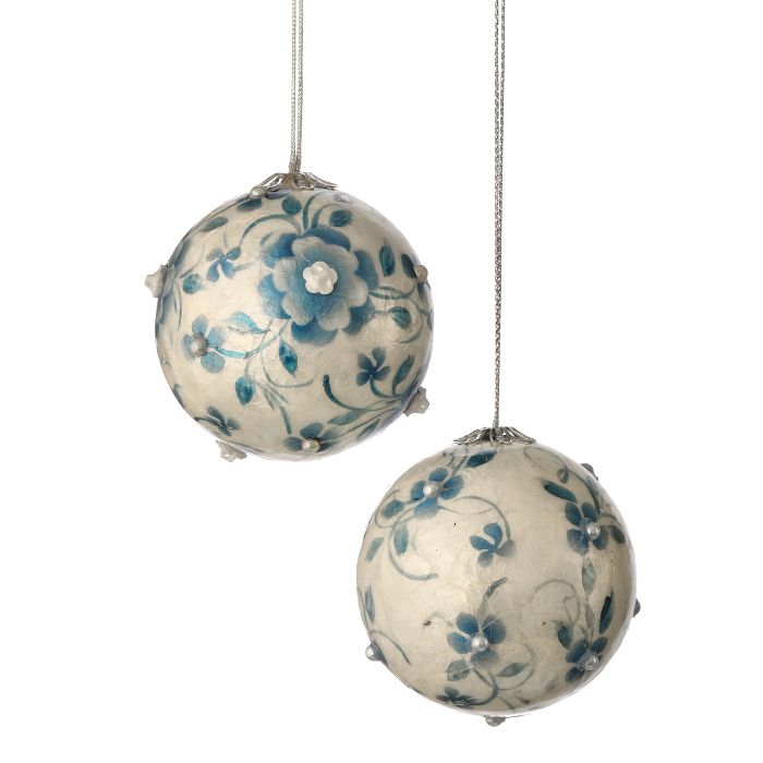 3.5" Capiz Blue & White Floral Ball Ornament