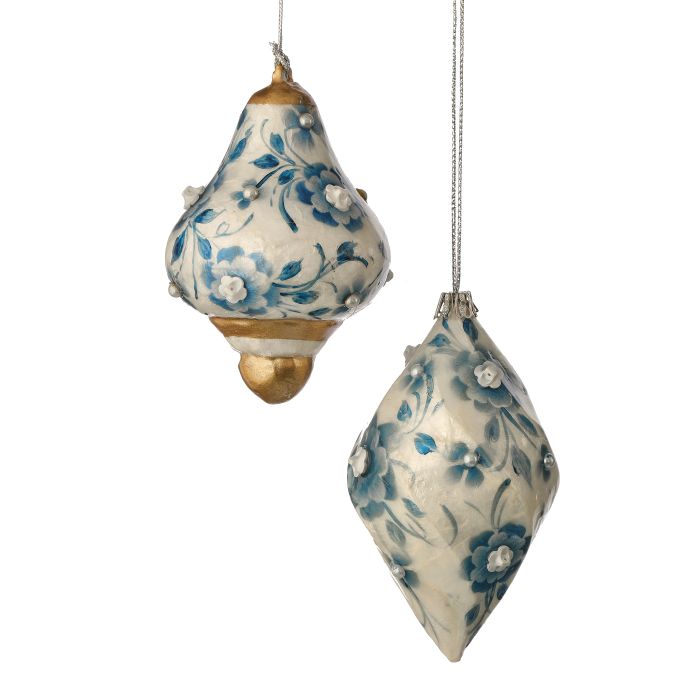 5-5.5" Capiz Blue & White Floral Finial Ornament, 2 Styles