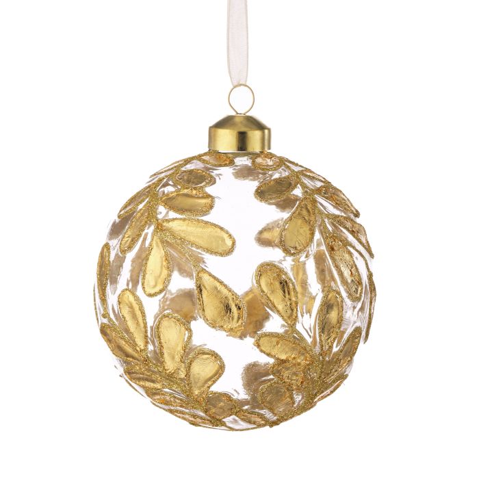 4" Clear Gold Glass w/ Leaf Ball Ornament