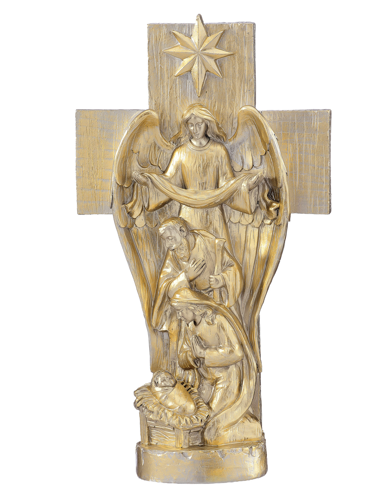 12" Champagne Resin Holy Family w/ Cross & Angel