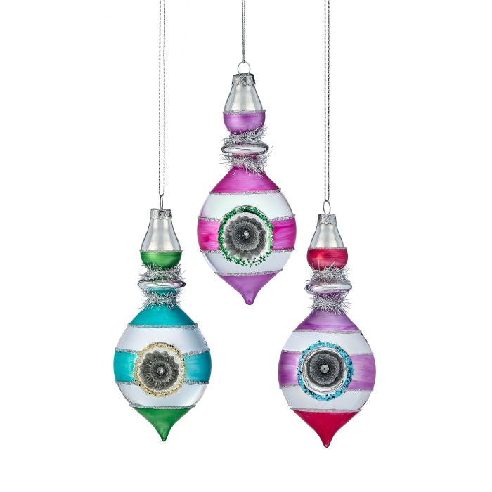 6" Glass Reflector Finial Ornament, 3 Colors