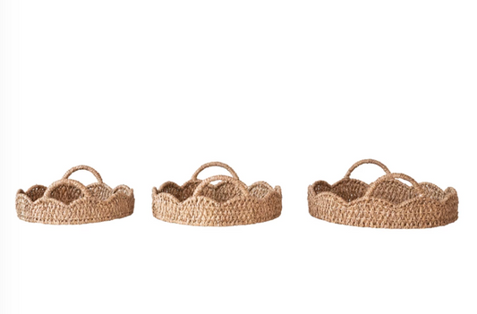 Decorative Braided Bankuan & Rattan Trays w/ Scalloped Edge & Handles