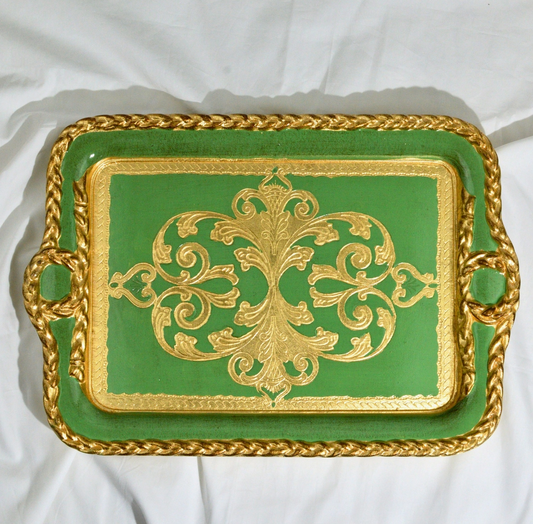 Florentine Carved Gilded Wood Rectangle Tray with Handles