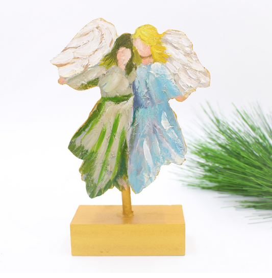 Hand-painted Wood Cutout Angel Duo on Pedestal