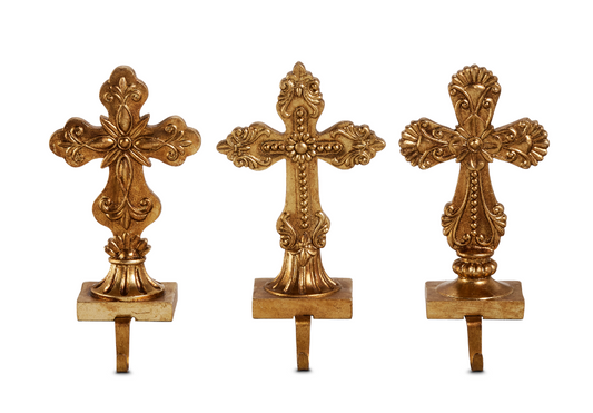 9.25" Antique Gold Holy Cross Stocking Holder, 3 Styles