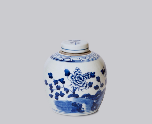 Blue & White Porcelain Peony Jar - 2 Sizes