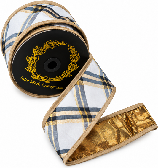 JME Metallic Dupion Ivory/Black/Gold Plaid-2.5"x10YD