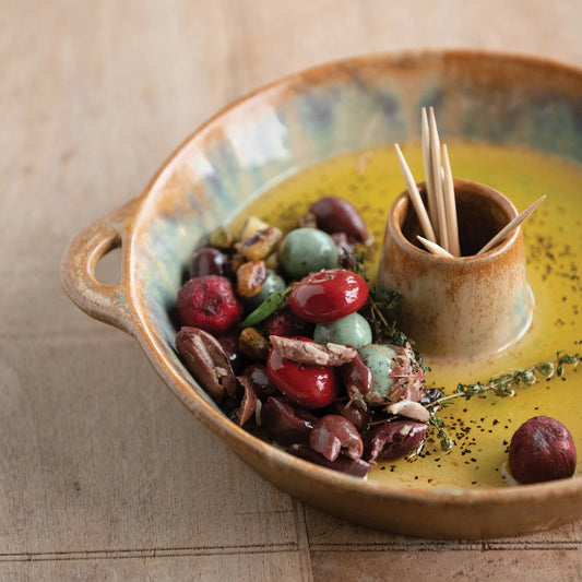 Glazed Stoneware Dish w/ Toothpick Holder