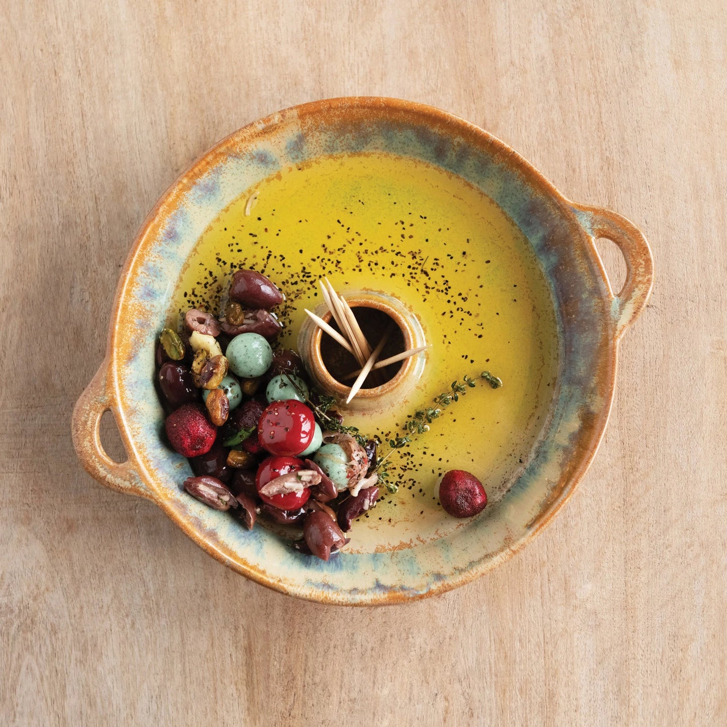 Glazed Stoneware Dish w/ Toothpick Holder
