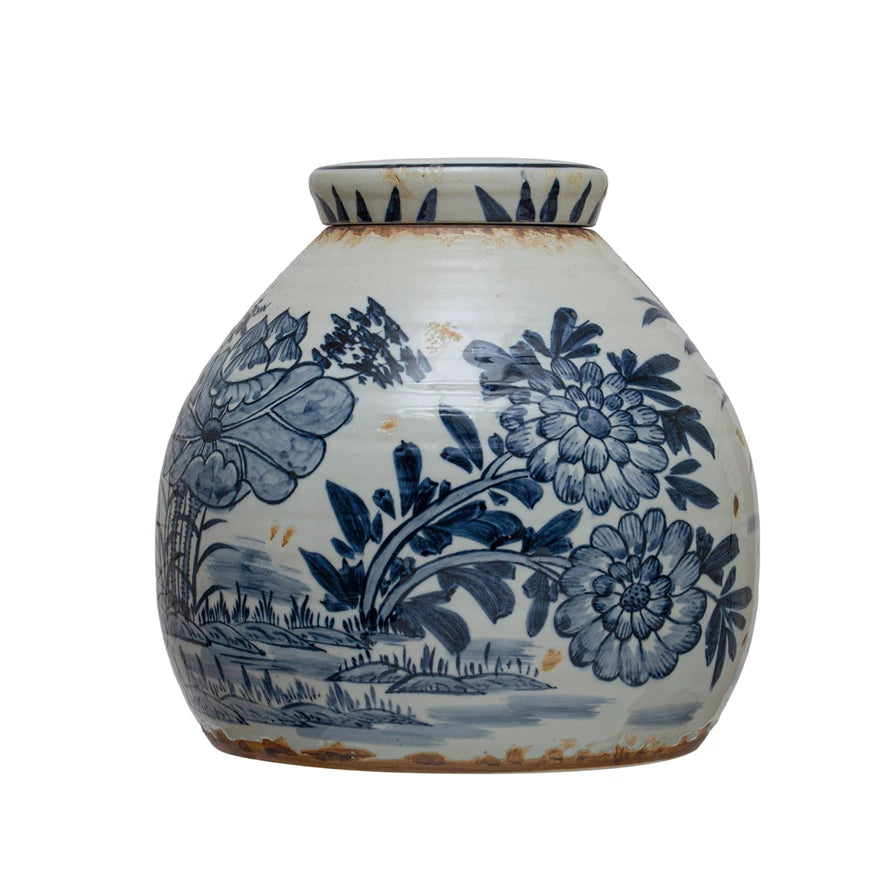11" Stoneware Blue and White Ginger Jar w/ Lid