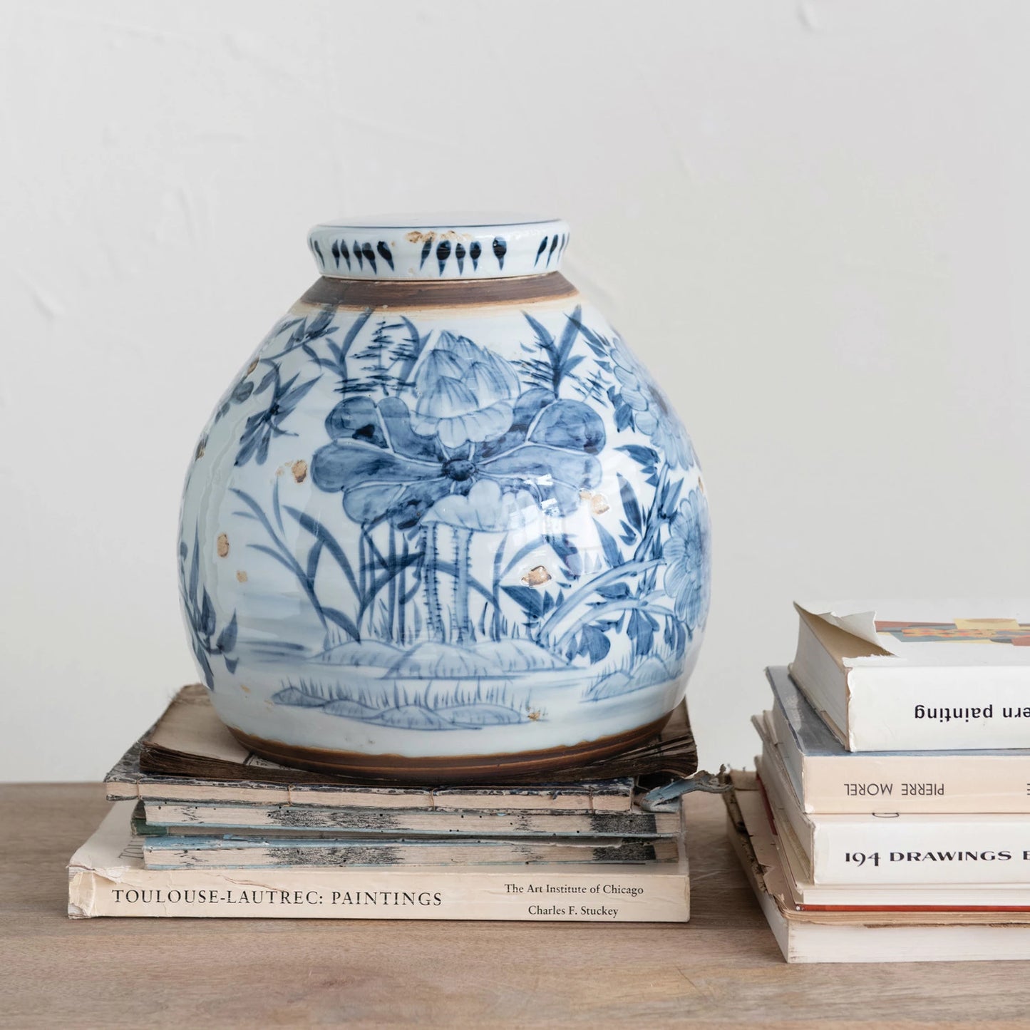 11" Stoneware Blue and White Ginger Jar w/ Lid