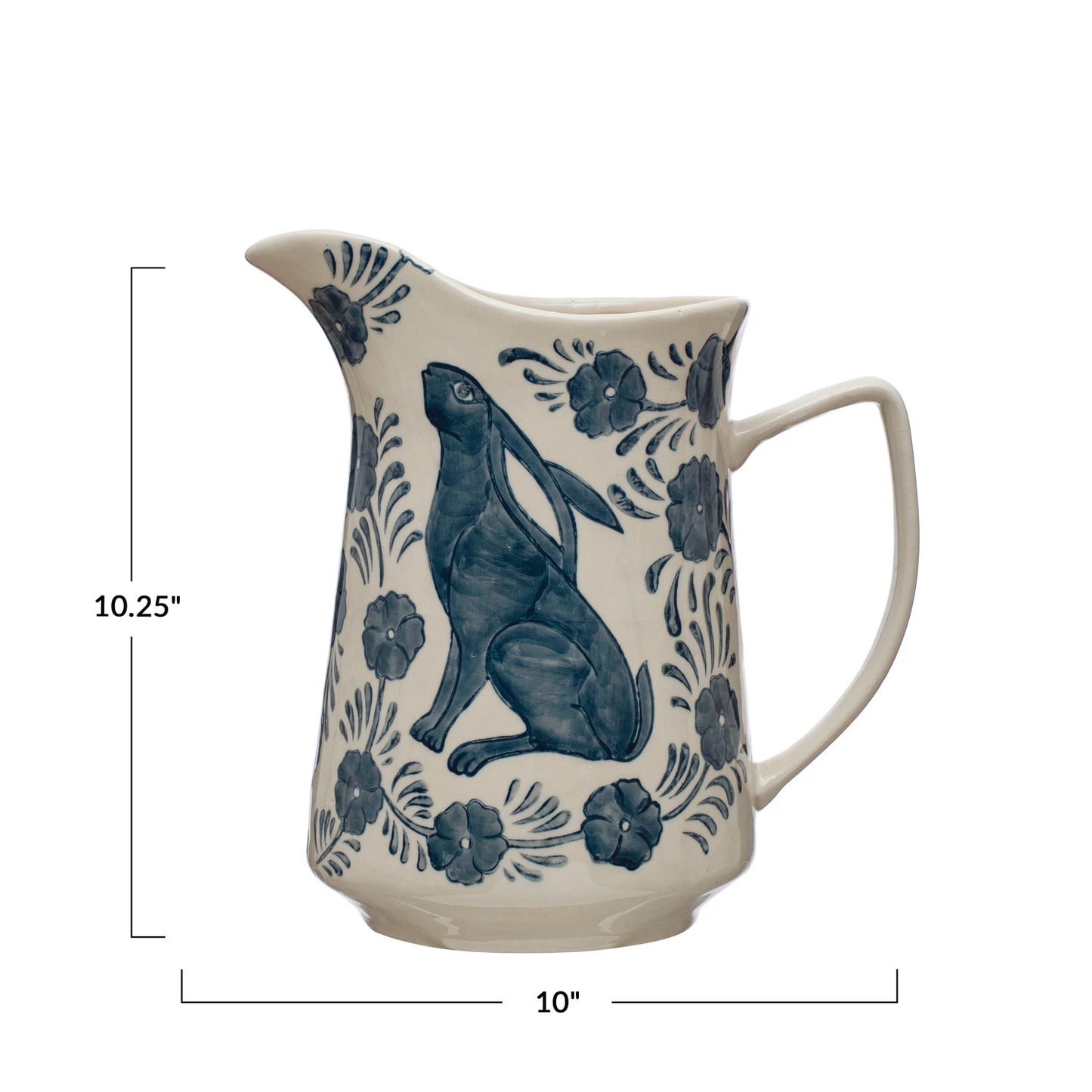3 Quart Hand-Painted Stoneware Pitcher w/ Rabbit & Flowers, Blue & White