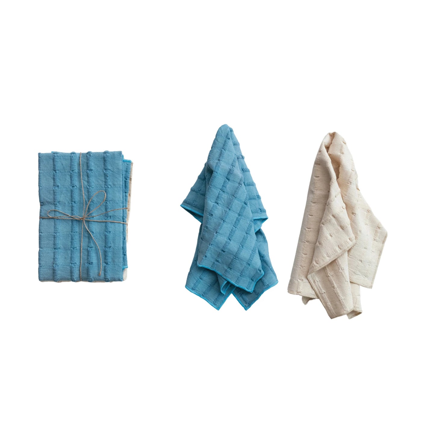Cotton Dobby Tea Towels, Natural & Blue, Set of 2