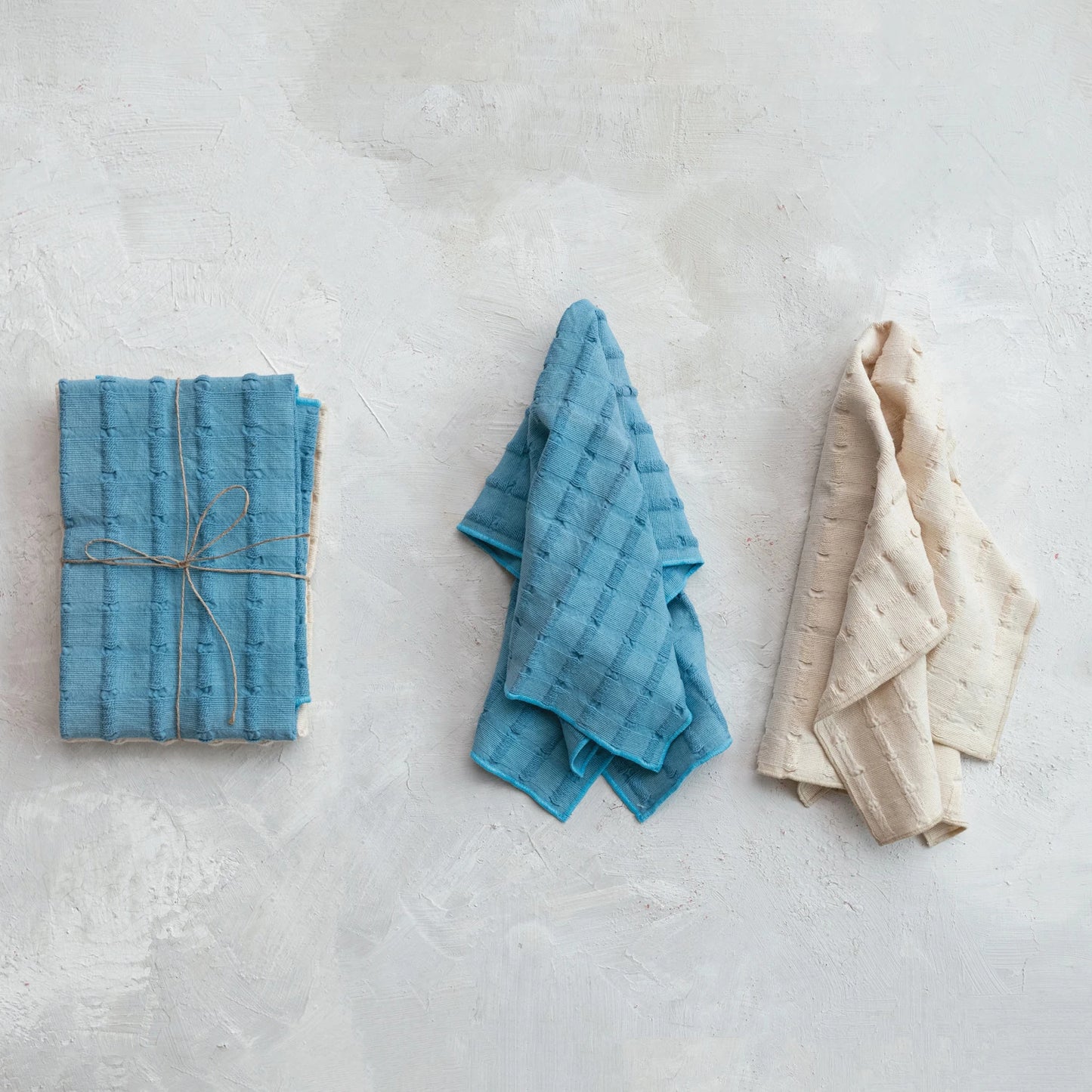 Cotton Dobby Tea Towels, Natural & Blue, Set of 2
