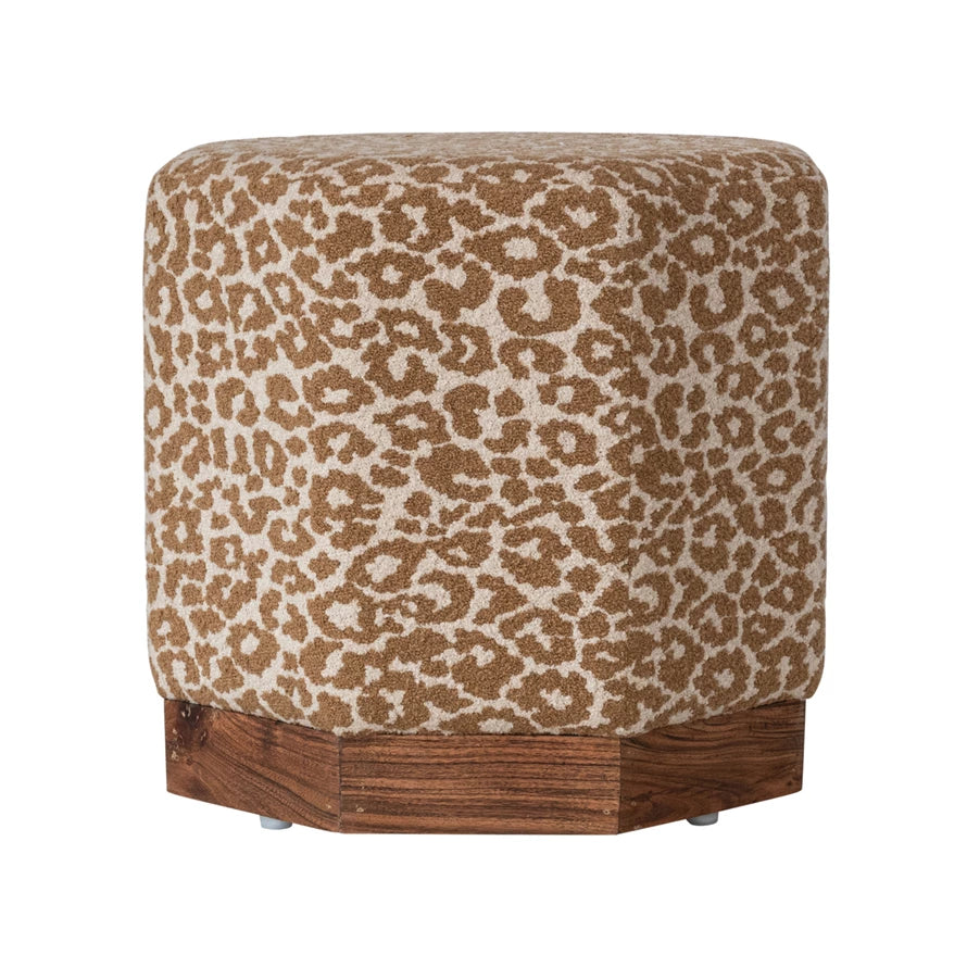 Camel Leopard Cotton Upholstered Hexagonal Ottoman w/ Wood Base- Local Pick Up Only