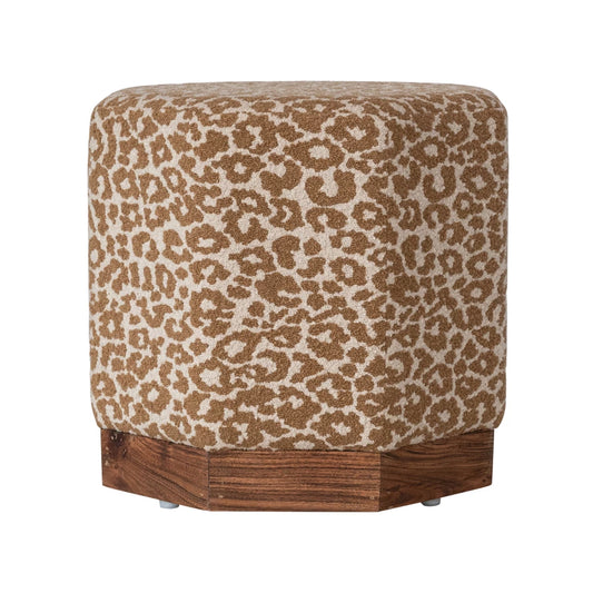 Camel Leopard Cotton Upholstered Hexagonal Ottoman w/ Wood Base- Local Pick Up Only