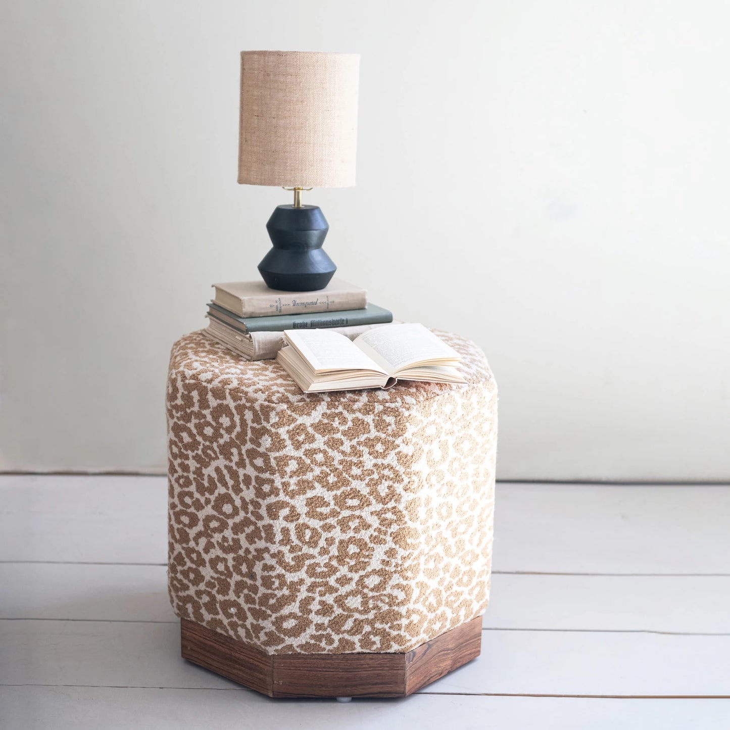 Camel Leopard Cotton Upholstered Hexagonal Ottoman w/ Wood Base- Local Pick Up Only