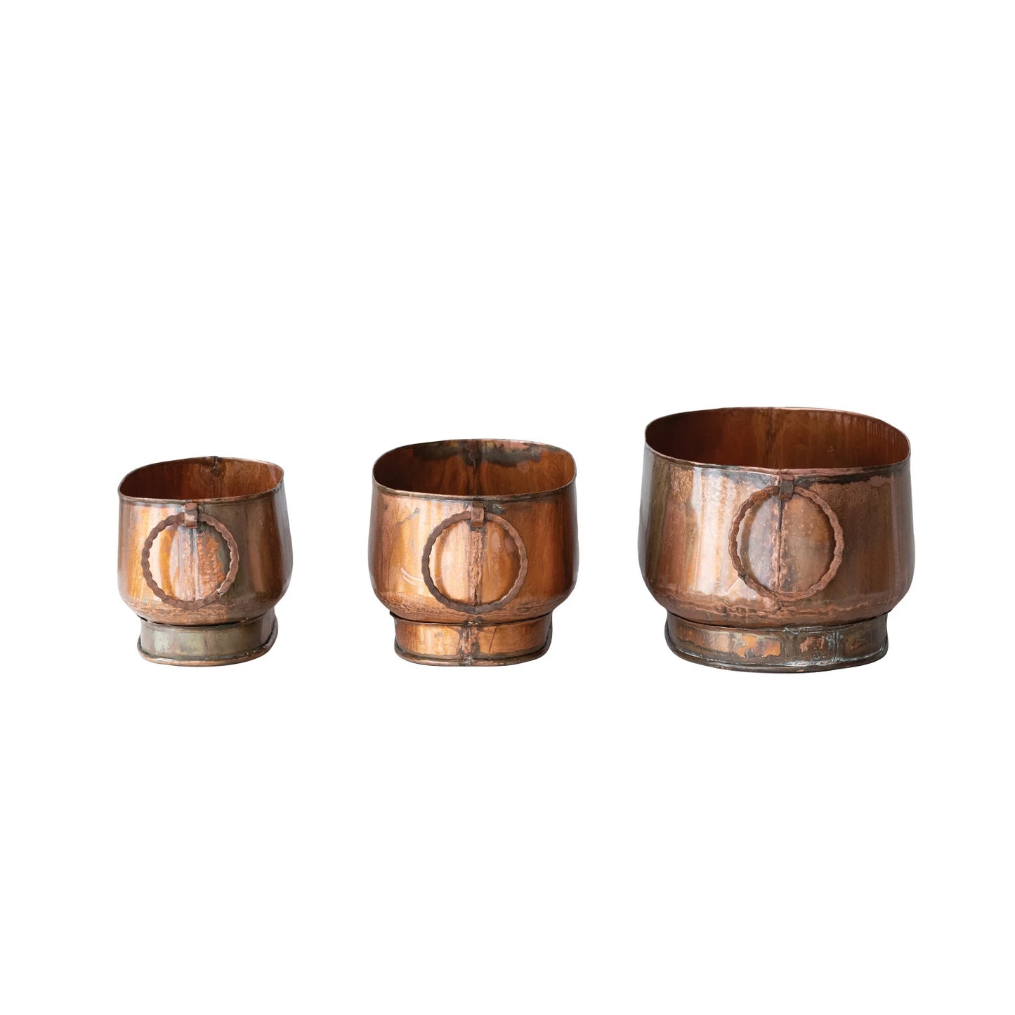 Antique Copper Finish Metal Planters w/ Ring Handles, 3 Sizes