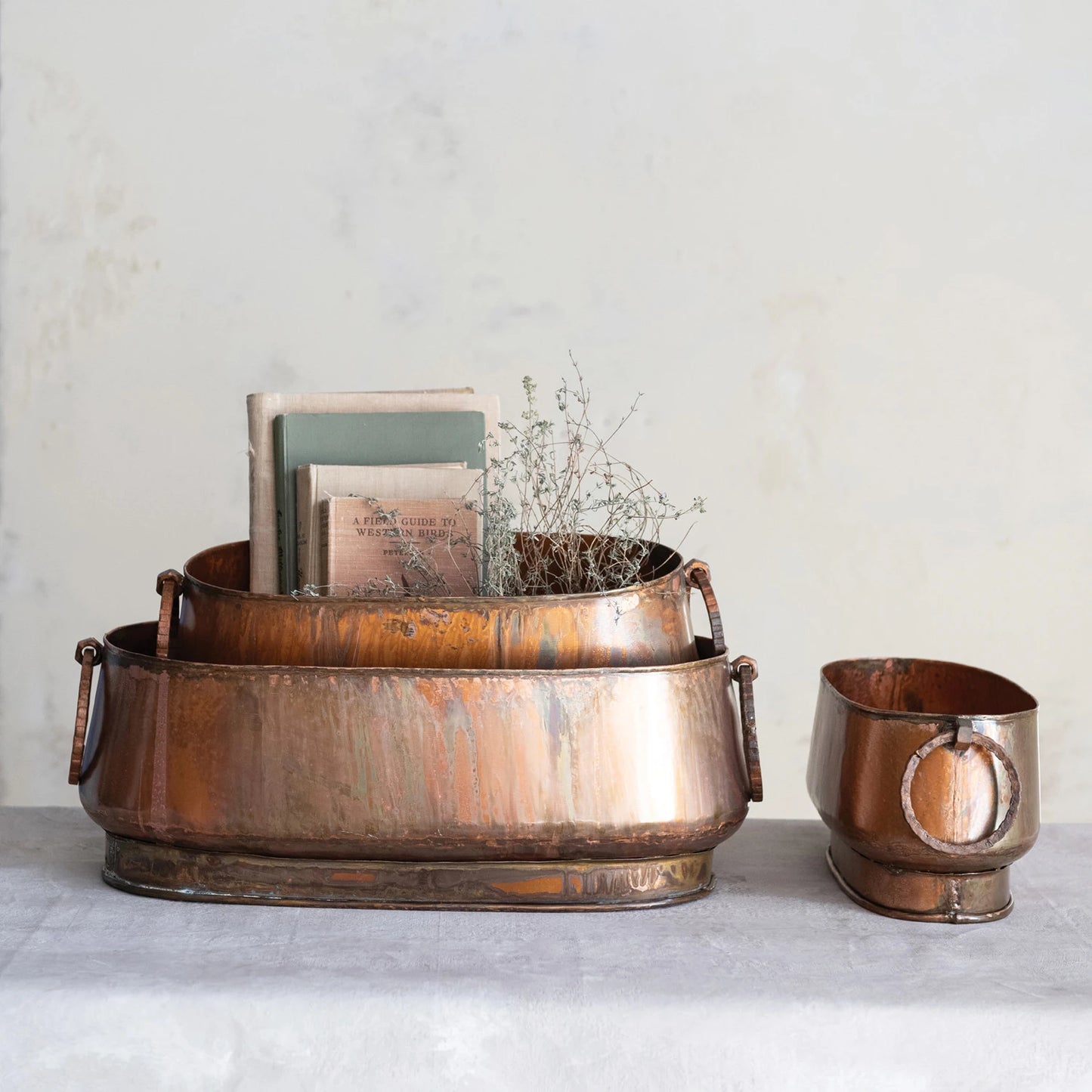 Antique Copper Finish Metal Planters w/ Ring Handles, 3 Sizes