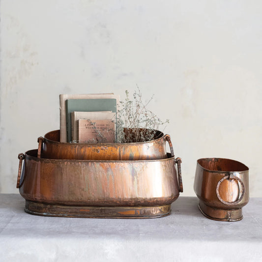 Antique Copper Finish Metal Planters w/ Ring Handles, 3 Sizes