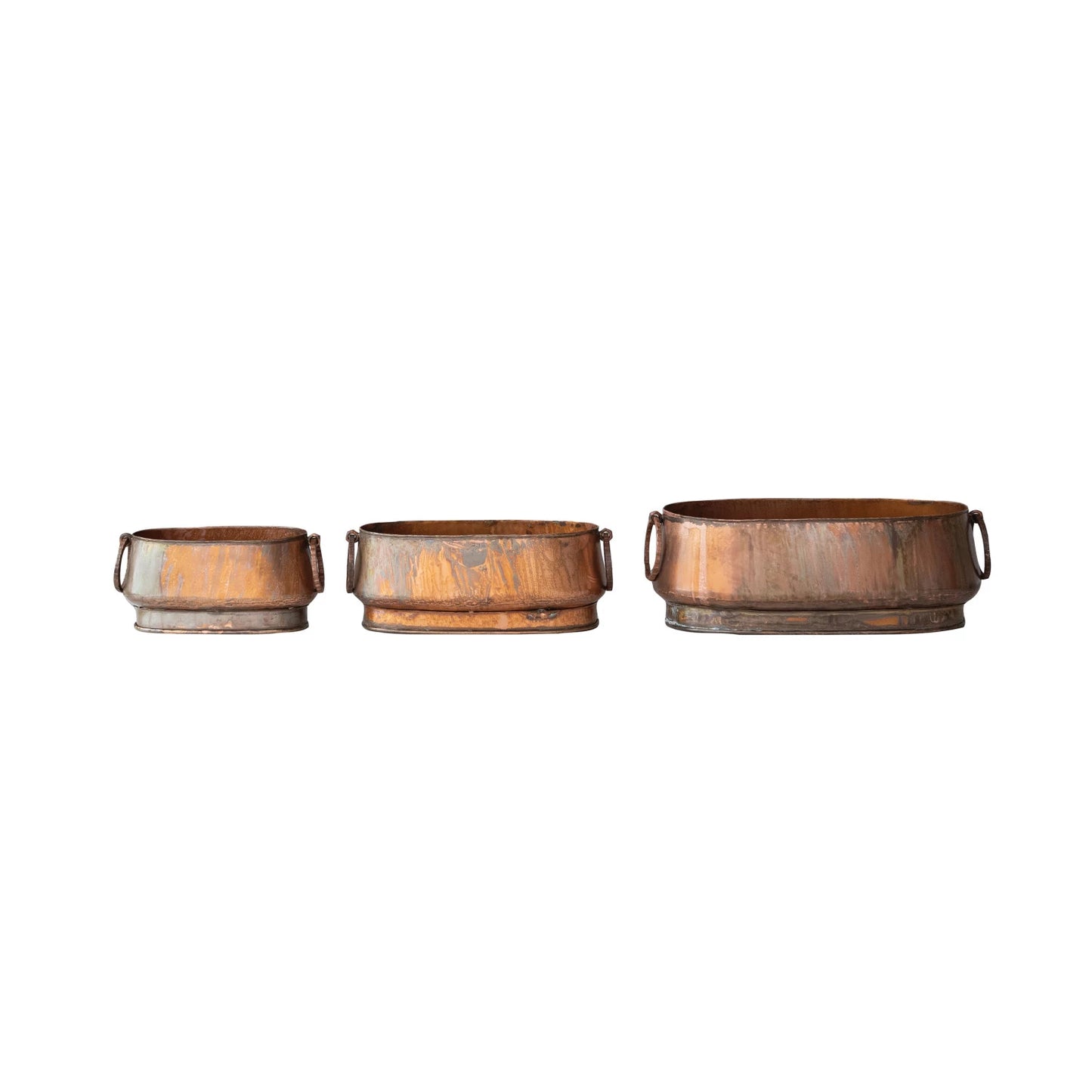 Antique Copper Finish Metal Planters w/ Ring Handles, 3 Sizes