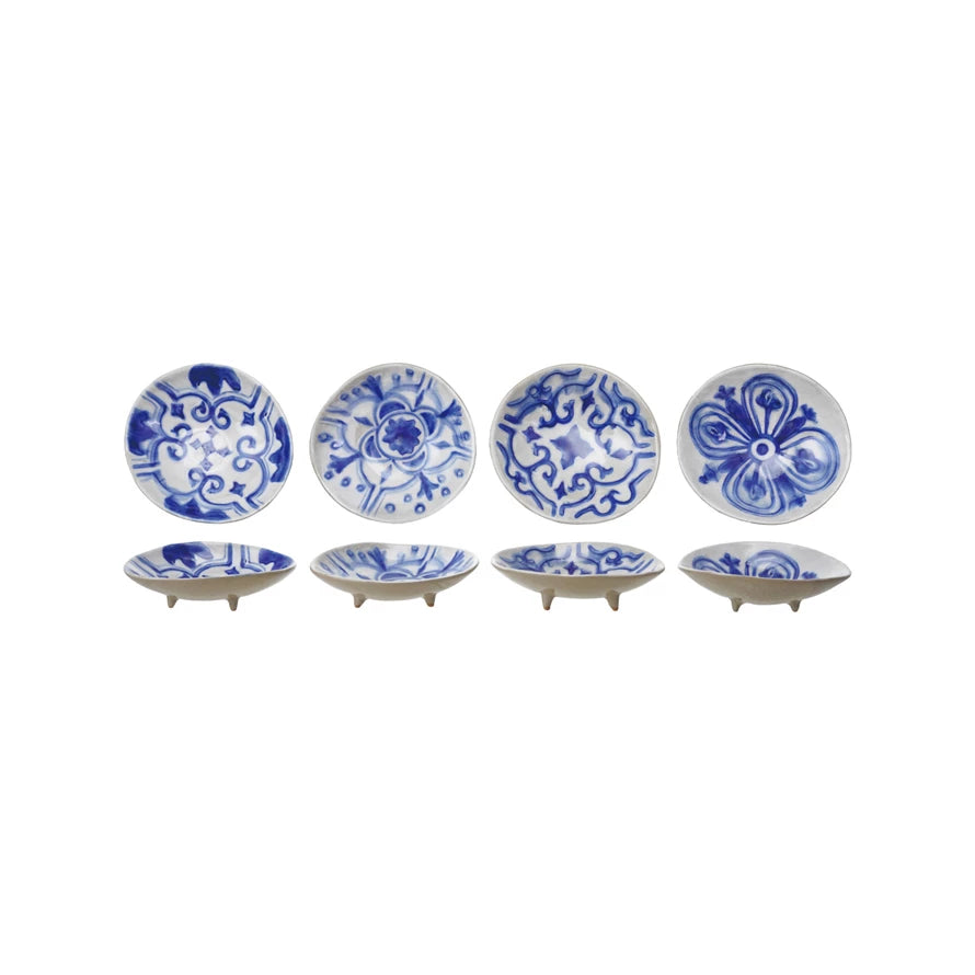 Blue & White Hand-Painted Stoneware Footed Dish, Design Varies
