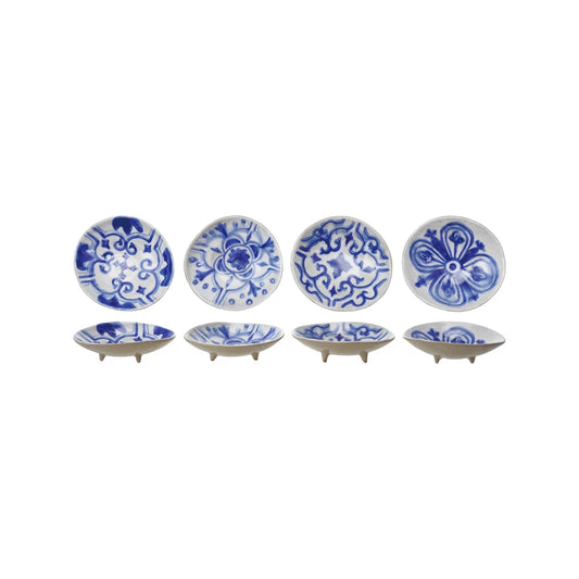 Blue & White Hand-Painted Stoneware Footed Dish, Design Varies