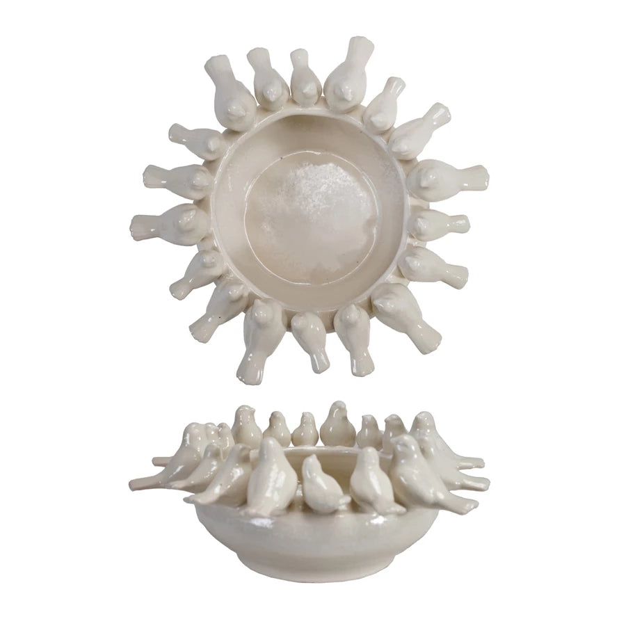 White Decorative Stoneware Bowl/Planter w/ Birds on Rim