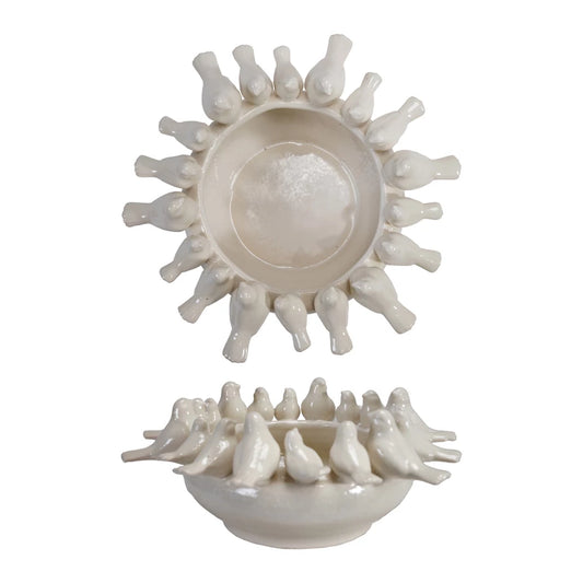 White Decorative Stoneware Bowl/Planter w/ Birds on Rim