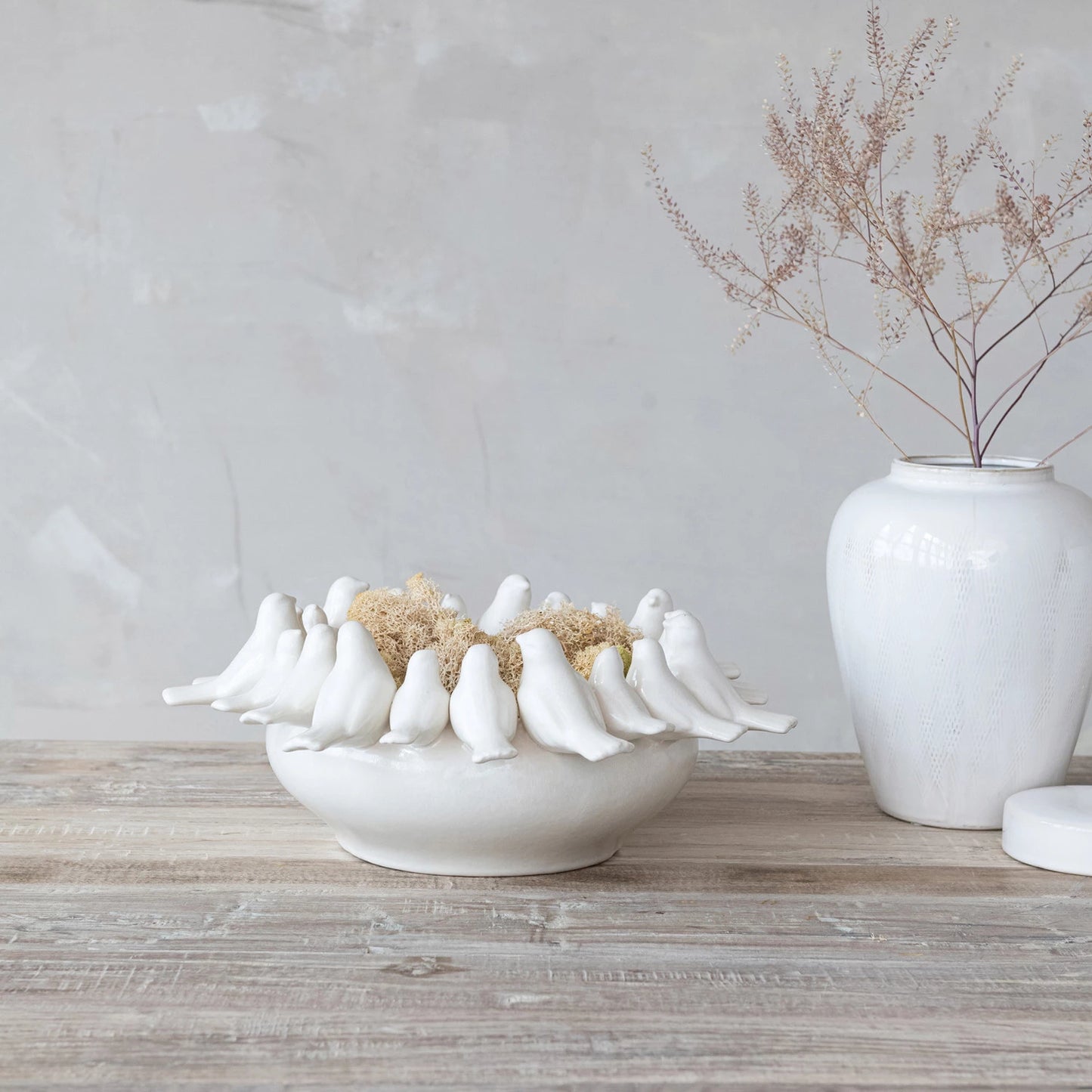 White Decorative Stoneware Bowl/Planter w/ Birds on Rim