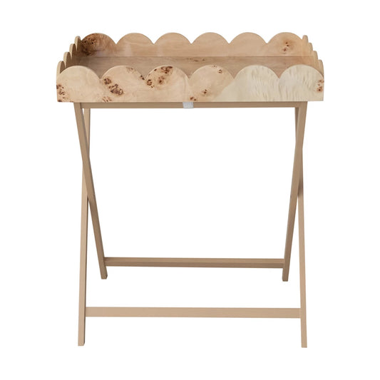 Natural Burl Wood Veneer Folding Table w/ Removable Scalloped Tray- Local Pick Up Only